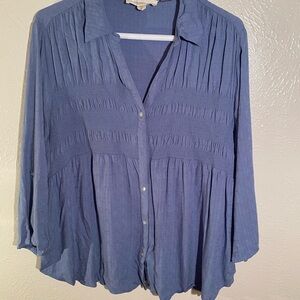 Westbound Dusty Blue Smocked Button-Down Blouse